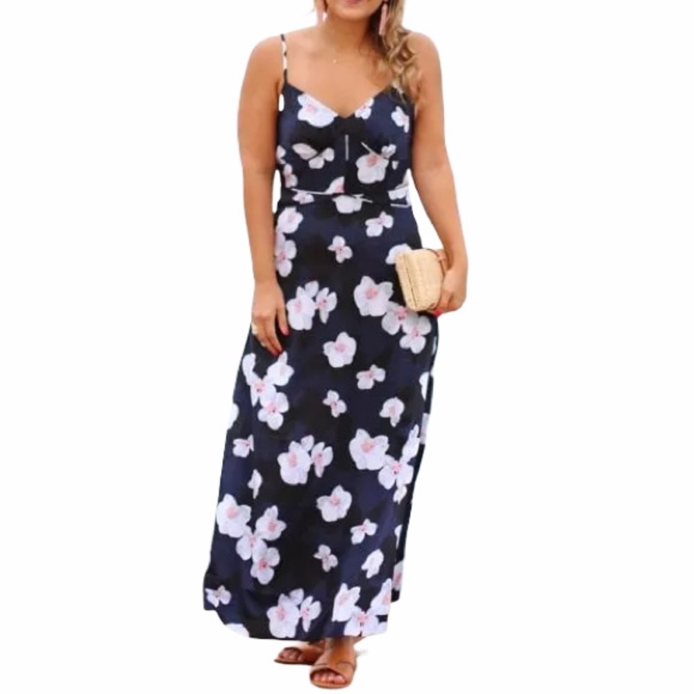 Banana Republic Navy Blue Floral Maxi Dress Women’s Size 2 Satin